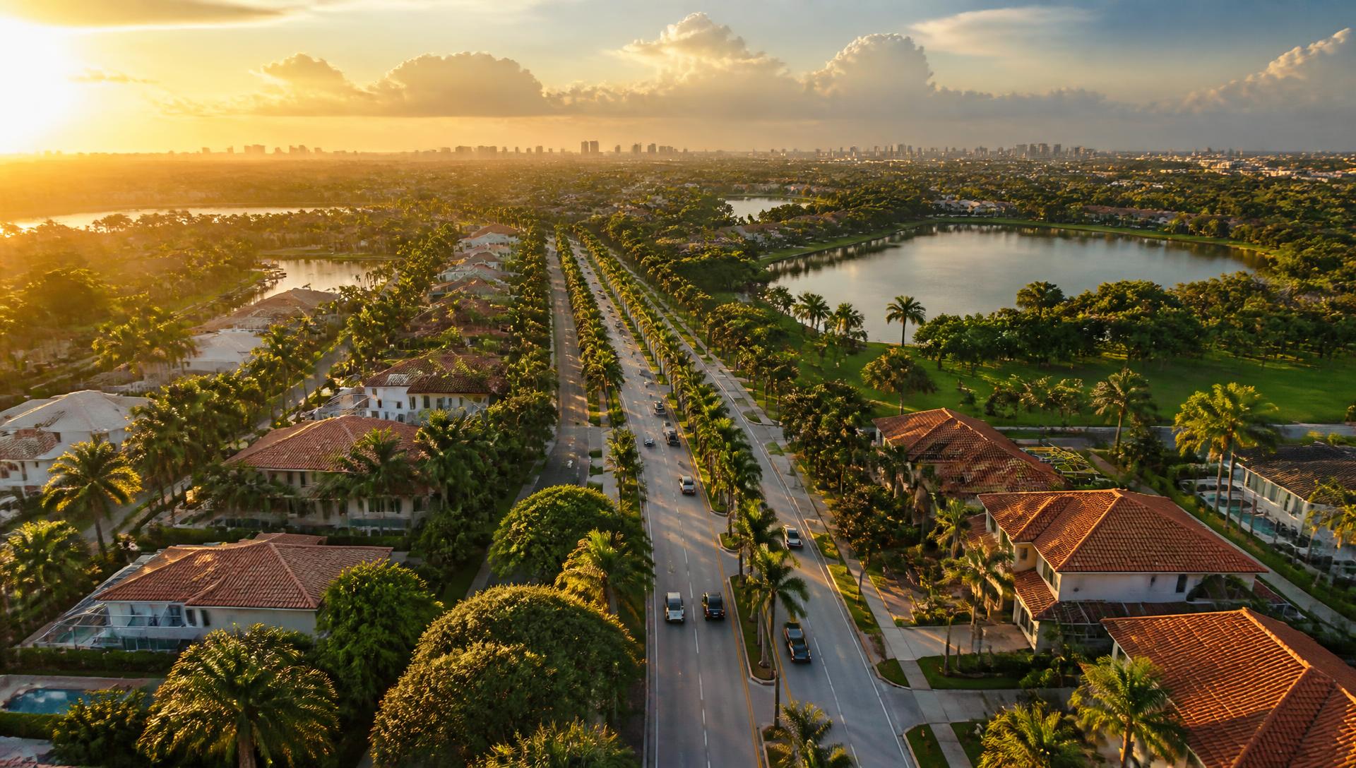 Aerial view of a palm-lined boulevard, lakes and tile-roof homes in Pembroke Pines, Florida at sunset